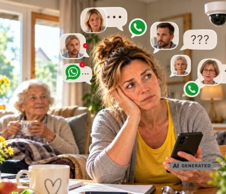 Opatrovateľka pod neustálou kontrolou rodiny počas starostlivosti o seniorku. Obrázok vytvorený pomocoi umelej inteligencie (ChatGPT)